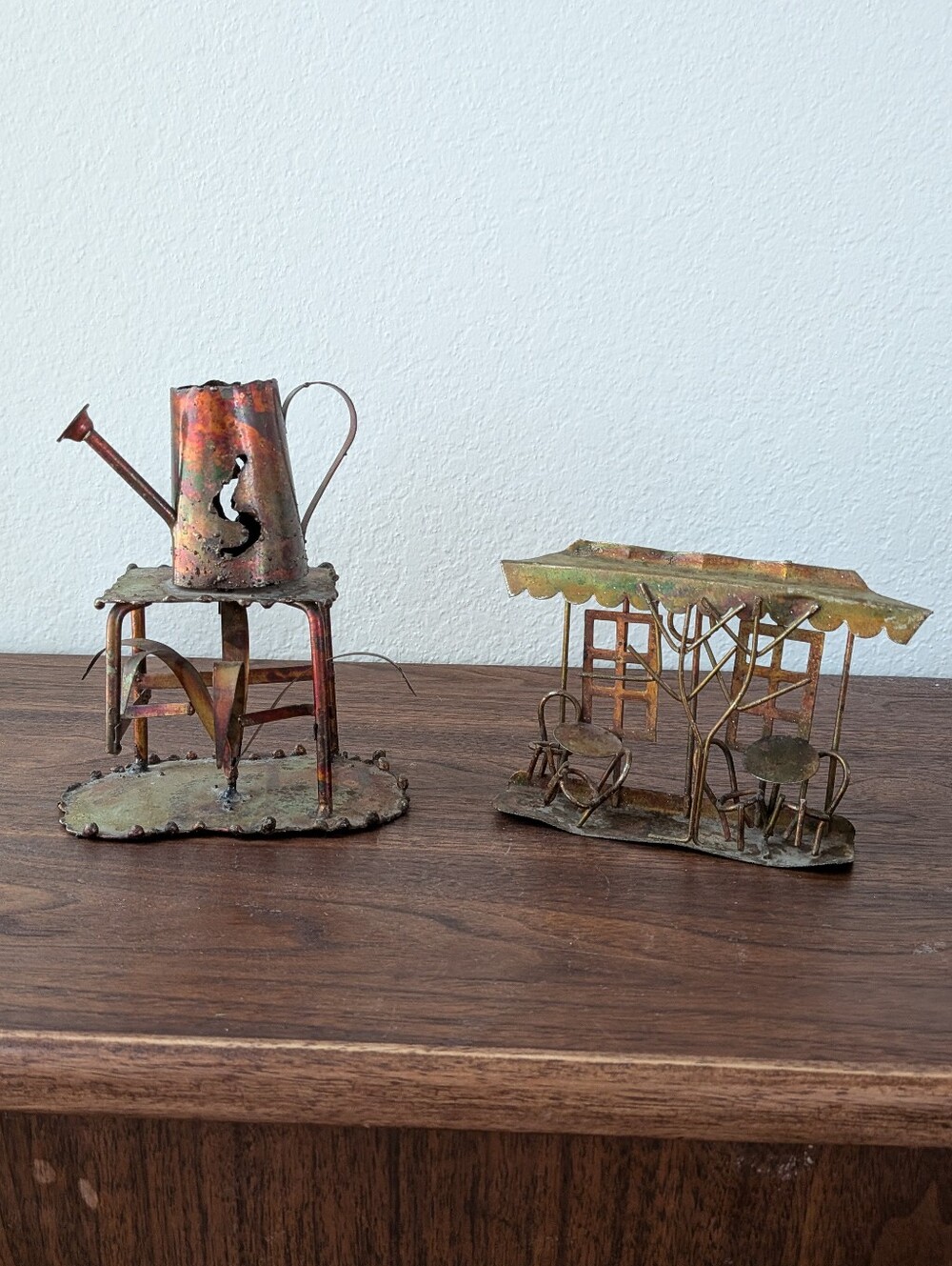 2 Vintage Brutalist Metal Sculpture MCM 1970s Enesco Watering Can And Bistro